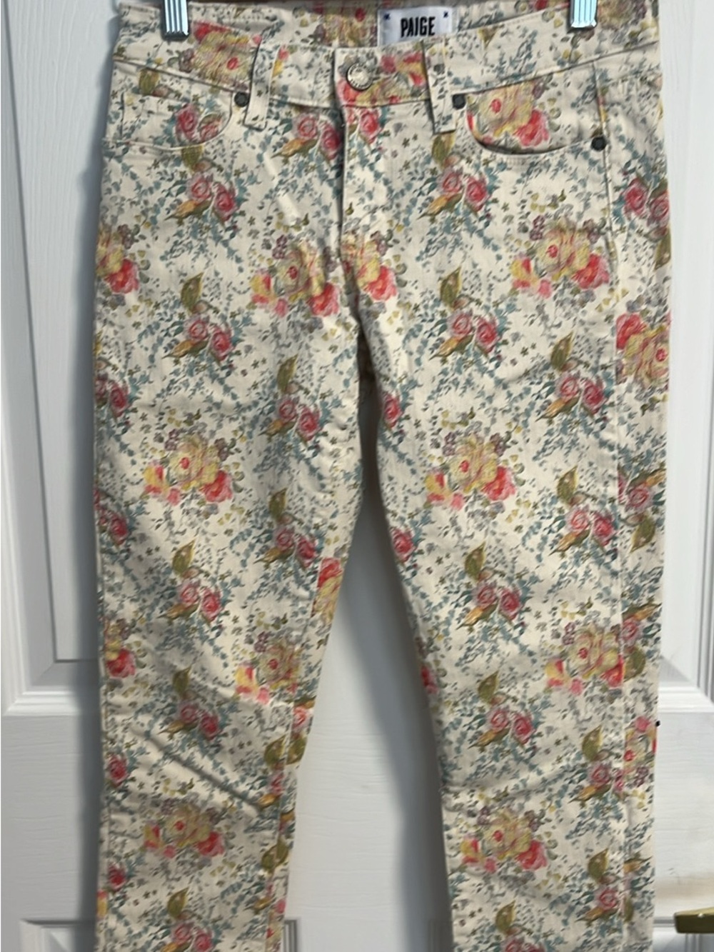 PAIGE Cream Skinny Jeans with Pink & Yellow Floral Print